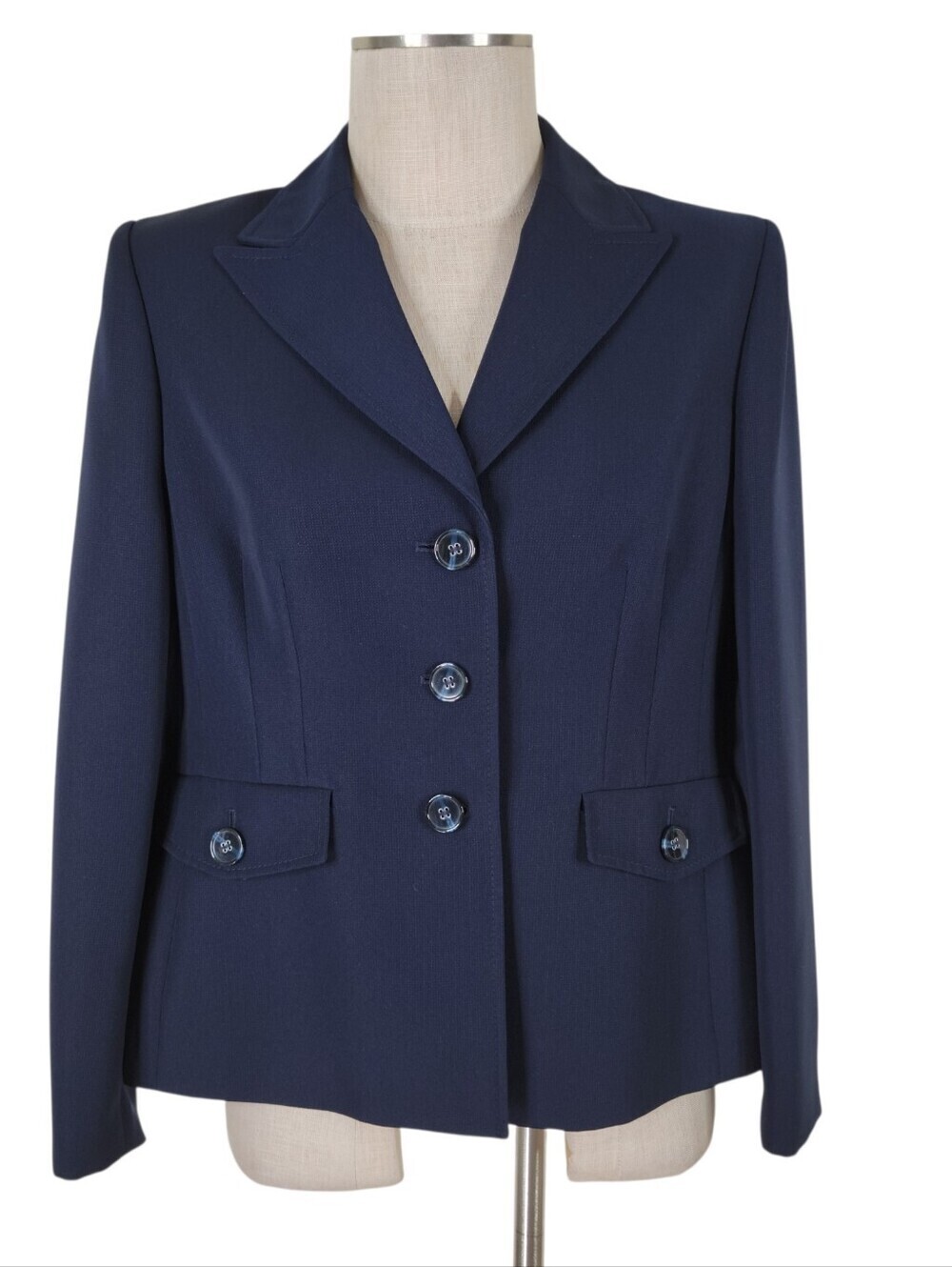 Kasper Blazer Size 10P Petite Navy Blue Button Flap Pockets 3 Button Lined - Picture 2 of 10